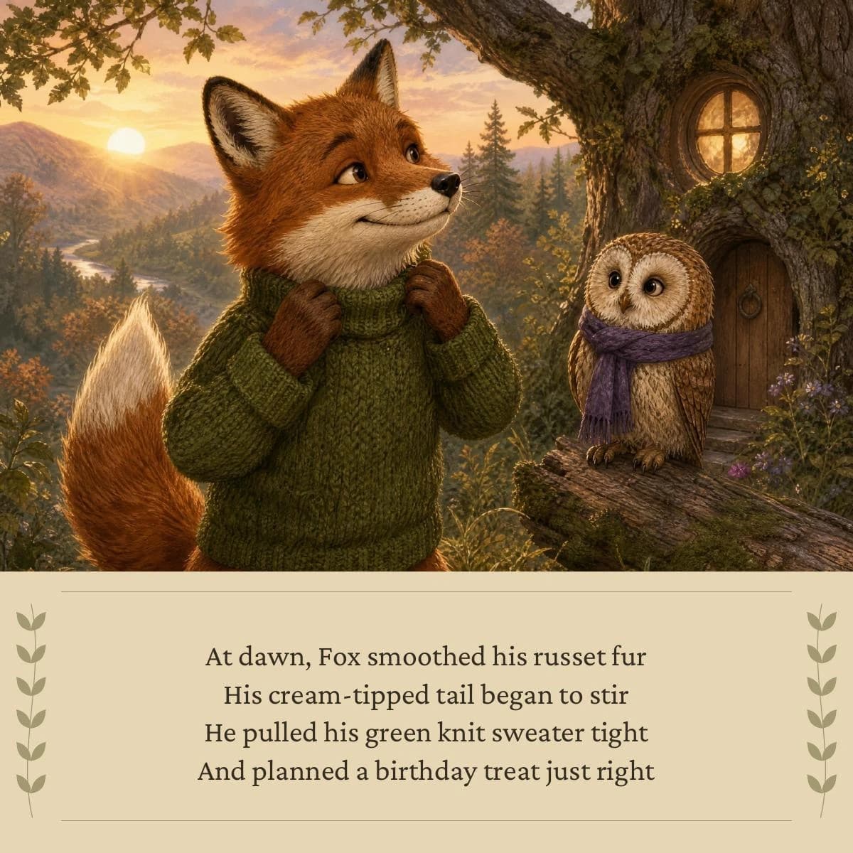Fox and Owl in a woodland scene, with the opening verse of their birthday story below.