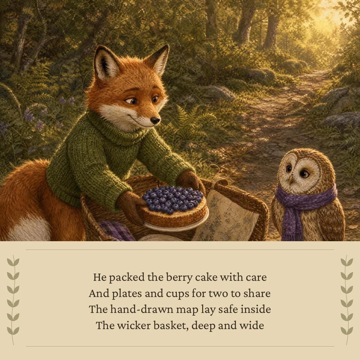 The next page of the completed Fox and Owl birthday story: Fox packs a berry cake and a map for a woodland adventure.